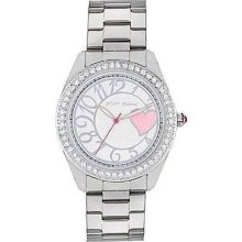 Betsey Johnson Silver Pink Heart Bling Time Boyfriend Watch