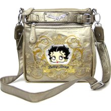 Betty Boop Black crown cross-body embroidered KHAKI TAN Pewter WHITE pockets messenger sling bag