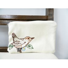 Bird and Branch Zipper Pouch. Carolina Wren. White Brown Green Blue. Small bag.