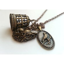 Bird Cage Necklace with Bird's Nest and Bird Charms