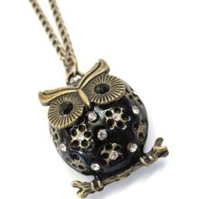 BLACK Enamel Rhinestone Fat Owl Collection Bronze Necklace