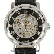 Black Leather Strap Silver Skeleton Case Men Cuff Hand-winding Mechanical Watch