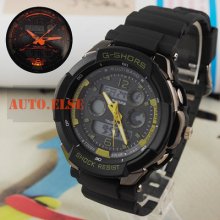 Black Rubber Sports Mens Watch Digital Led Yellow Hands Multi Function