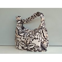 Black Shoulder Bag - Zippered Purse in Modern Tan Taupe Leaves - Hobo Slouch Bag (no1)