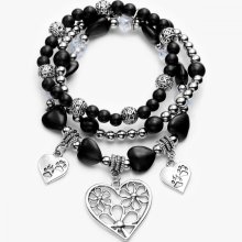 black turquoise beaded silver heart charm bracelet
