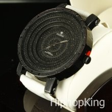 Black / White Iced Out Bling Round Numeric Dial Leather Hip Hop Wrist Watch