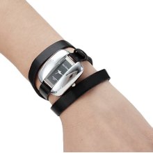 Black Women's Long PU Leather Band Style Analog Quartz Bracelet Watch