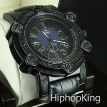 Blue On Black Genuine Leather Band Icy Hip Hop Custom Watch T.i Fashion Trend