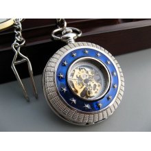 Blue Star Silver Roman Mechanical Pocket Watch with Watch Chain - Engravable Back - Victorian Steampunk - Groomsmen Gift - Item MPW198a