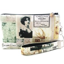 Bonjour Paris wristlet / makeup bag / small clutch / zipper pouch & detachable key fob gift set for women in antique Victorian style fabric
