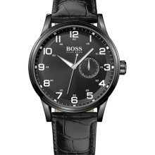 BOSS Black 'Aviator' Round Leather Strap Watch