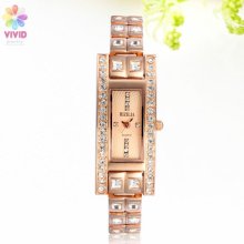 British Style Rectangle Dial Rose Gold Plate Lattice Chain Stainless Steel Watch