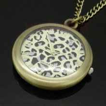 Brozone Vintage Leopard Print Quartz Pocket Watch Pendant Necklace Xmas Gift P60