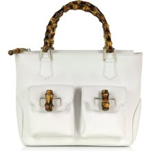 Buti - Buti Front Pockets White Leather Satchel Bag w/ Bamboo Handles