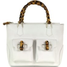 Buti Designer Handbags, Front Pockets White Leather Satchel Bag w/ Bamboo Handles