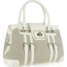 Buti Designer Handbags, White Patent Leather and Canvas Satchel Bag