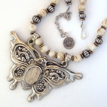 Butterfly pendant of Tibetan silver and old shell on shell mala necklace