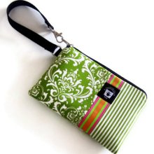 Cell Phone Wristlet, iPhone Samsung Phone Zippered Gadget Pouch, Lime Green Damask