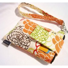 Cellphone purse, WRISTLET Case for iPhone 4, 5, samsung phone, Droid x Padded with Flap Closure and POCKET -Orange Floral on Cream