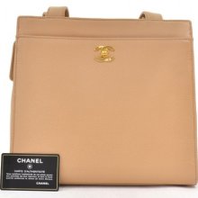 Chanel Beige Caviar Leather Tote Shoulder Bag Gold Chain CC Ca568