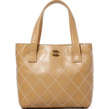 Chanel Leather Contrast Stitch Surpique Tote Bag Purse Handbag Cc