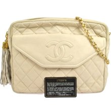 Chanel Quilted Cc Logos Fringe Chain Shoulder Bag Ivory Leather Vintage Bt03467