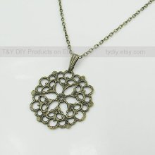 Charm Pendant Necklace Antique Brass Hollow Flower Disc Finding on Thin Copper Chain Adjustable with Extension Chain