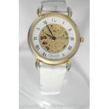 Cheval Women's Watch Gold Tone Case White Leather Strap Skeleton Dial