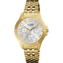 Citizen Quartz Womens Chronograph Stainless Watch - Gold Bracelet - Silver Dial - ED8102-56A