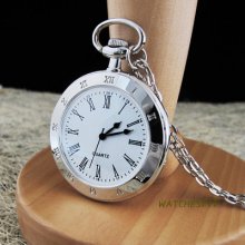 Classic Open Face Roman Numerals White Dial Quartz Pendant Pocket Watch + Chain