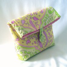 Clutch Purse Makeup Bag Yellow Pink Green Fabric Bag Fold Over Flap Button Closure Cosmetic Bag