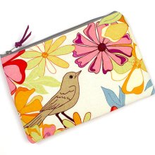 Clutch Zipper Pouch, Spring Purse, Mother's Day Gift, Floral Bird Print, Make Up Bag, Cosmetic Bag,