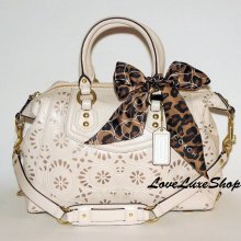 Coach Ashley Lace Leather Satchel Perforated Tote Bag Purse Ivory Leopard Scarf