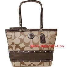 Coach Authentic Handbag Purse Signature Stripe Tote Khaki Mahogany F20014 Nw