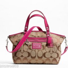 Coach Daisy Signature Large Satchel Bag Purse Tote 23391 Khaki Pink $298