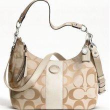 Coach F19281 Signature Stripe Convertible Hobo Shoulder Bag Khaki/white $298