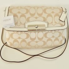 Coach F48983 Kristin Signature Sateen Flap Shoulder Bag Khaki White