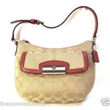 Coach Kristen Sateen Top Handle Shoulder Bag Purse $158 Khaki Red 47398