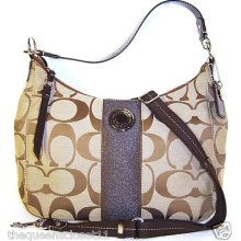 Coach Large Signature Sis Convertible Hobo Bag Purse $298 Khaki Brown 19281