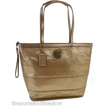 Coach Leather Handbag Signature Stitched Metallic Tote Antique Gold