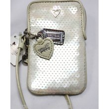 Coach Sequin Wristlet/universal Phone/camera Case/bag White/opal/silver