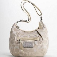 Coach Signature Hobo Bag Purse Shoulder Handbag Light Khaki Lurex Poppy Sateen L