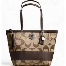 Coach Signature Stripe Tote Hand Bag Khaki/mahogany F19046 $268