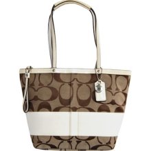 Coach Signature Stripe Tote Shopper Bag Kh/White (HB01425)