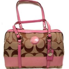 Coach Signature Stripe Zip Satchel Silver/khaki/pink Handbag Purse F23771