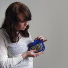 Cobalt blue embroidered bag, little blue handbag with bird and flowers, 70s