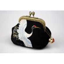 Coin Purse - Chrysanthemum & Crane - Japanese Cotton Fabric with Vintage Metal Frame in Bronze