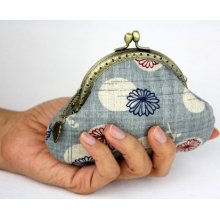 Coin Purse Chrysanthemum in Milky Blue - Cotton Fabric with Metal Frame