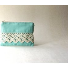Coin Purse, Pouch, bridal pouch, gadget case - The Honey Coin Purse II in mint cotton and cotton lace