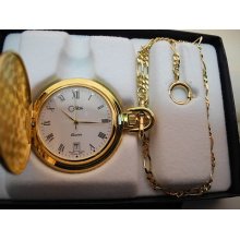 Colibri Goldtone White Face Pocket Watch Swiss Parts Date W/ Chain As-is